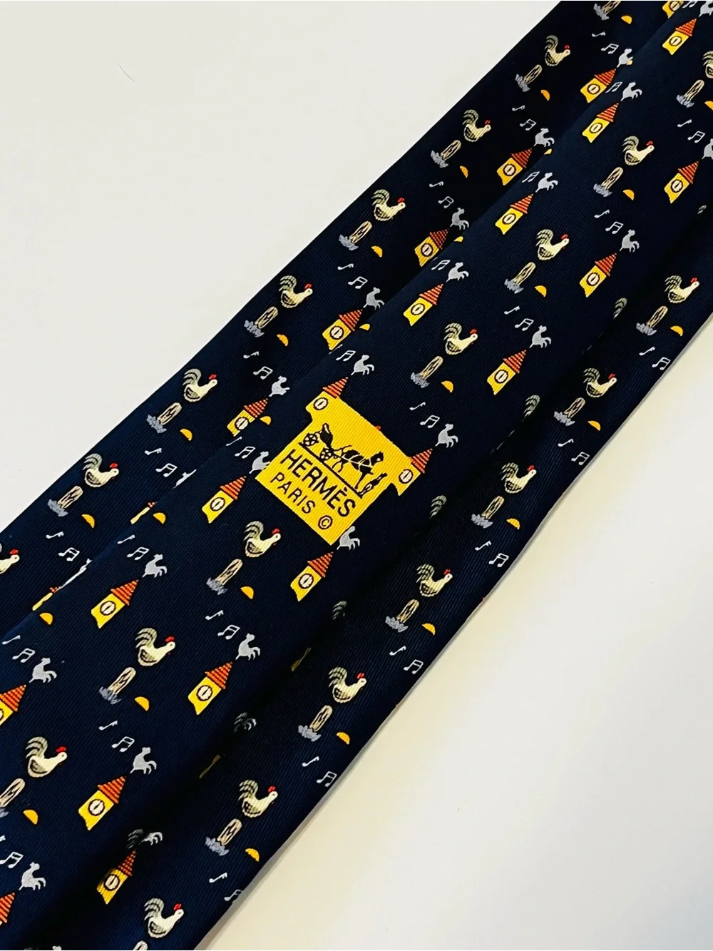 HERMES 7871 UA Mens Neck Tie 100% Silk Vintage France Rooster Clock Fathers Day